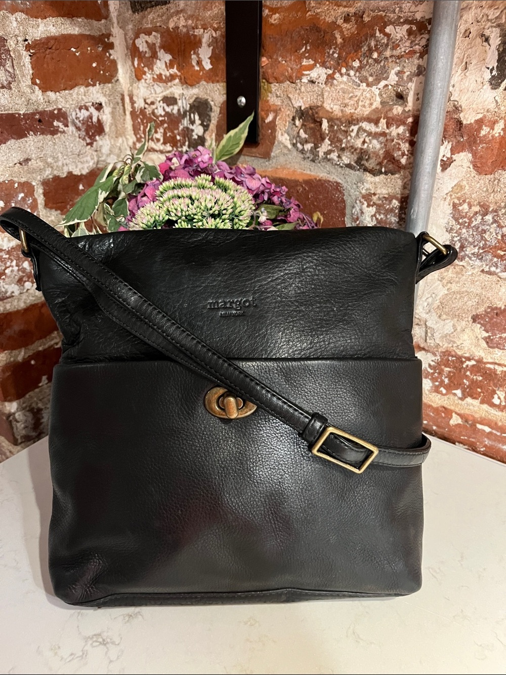 Vintage Margot Black Leather Shoulder Crossbody with Turn-Lock Pocket